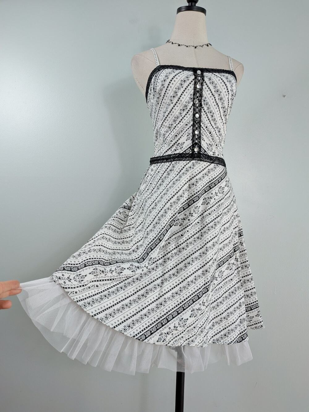 Knee Length Midi Dress White Black Lace Floral Stripe Coquette Sundress Bride